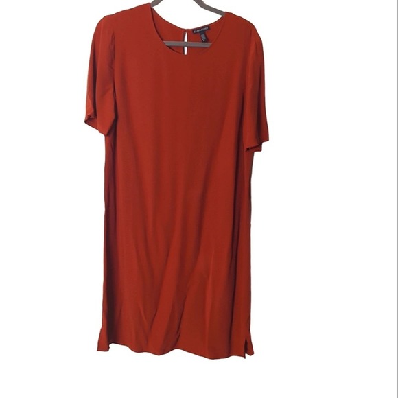 Eileen Fisher Burnt Orange Short Sleeve Tencel Crepe Shift Dress Size S - Picture 2 of 5